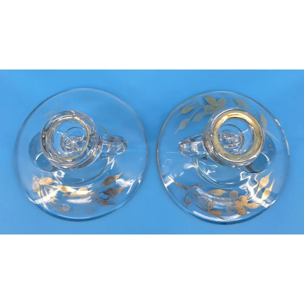 Set of 2 Vtg Paden City Comet Candlestick Holders Glass Gold Floral‎ 1940's